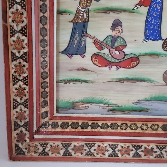 Vintage Iranian Persian Painting Hunting Scene Musicians Khatam Marquetry Frame - Picture 8 of 13